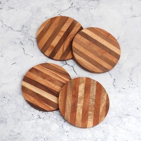 Circle Shaped Handmade Wooden Coasters for Decor - Pack of 4